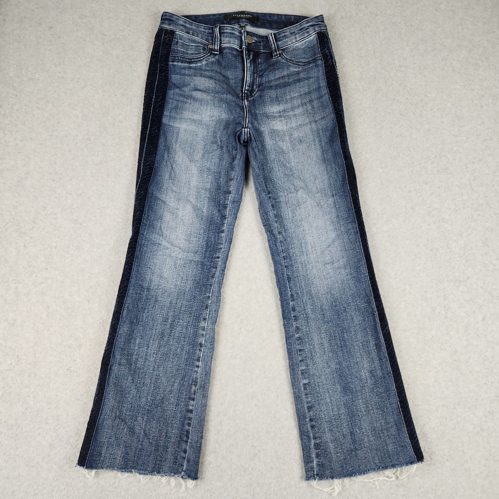 Liverpool Jeans Womens 2/26 Blue Denim Faded Tuxedo Side Straight Leg Raw Hem